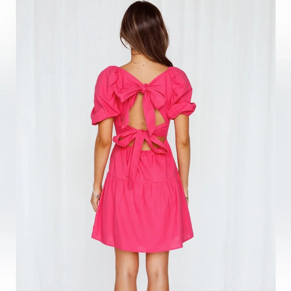 Hello Molly Best Weekend Pink Dress Tie Back Cutout Puff Sleeve Women 10 XL - Picture 6 of 9